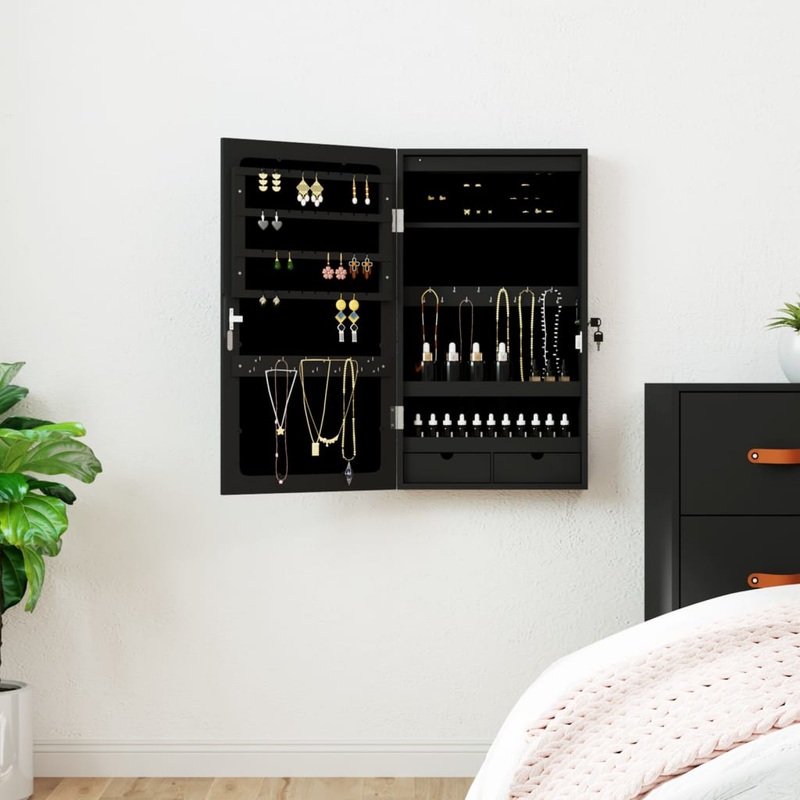 Armoire  bijoux avec miroir et clairage LED mural noir