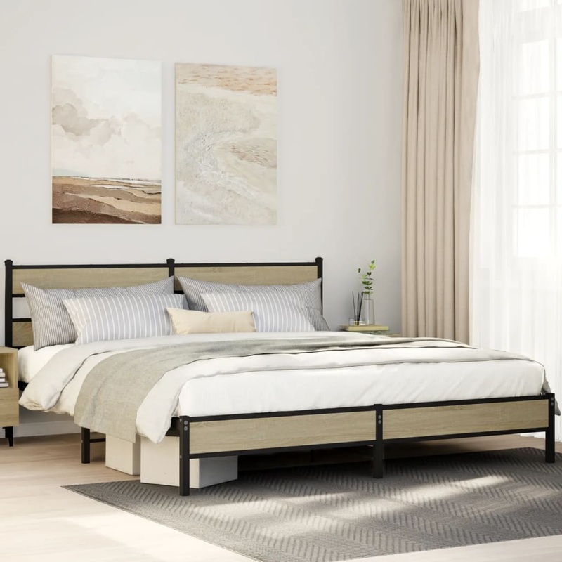 Cadre de lit en mtal sans matelas chne sonoma 183x213 cm