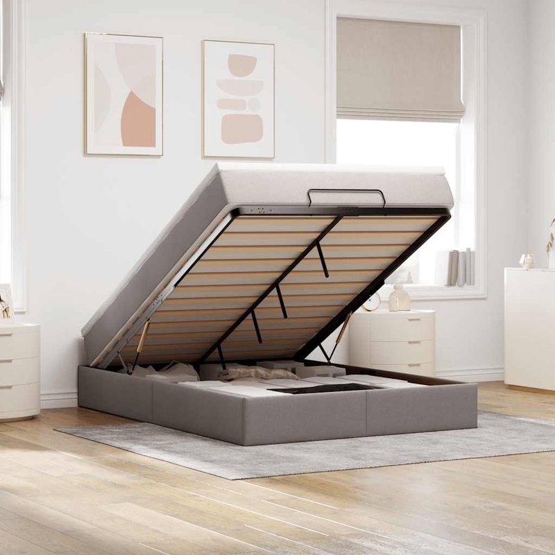 Cadre de lit ottoman avec matelas taupe 140x200 cm tissu