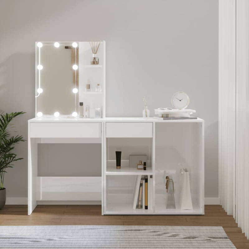 Coiffeuse  LED avec armoire Blanc brillant Bois d'ingnierie