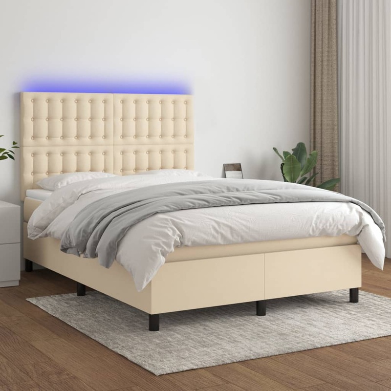 Sommier  lattes de lit et matelas et LED Crme 140x190cm Tissu
