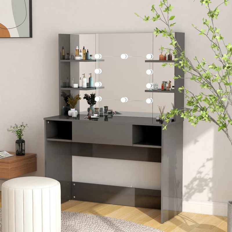 Table de maquillage avec clairage LED MDF Gris brillant