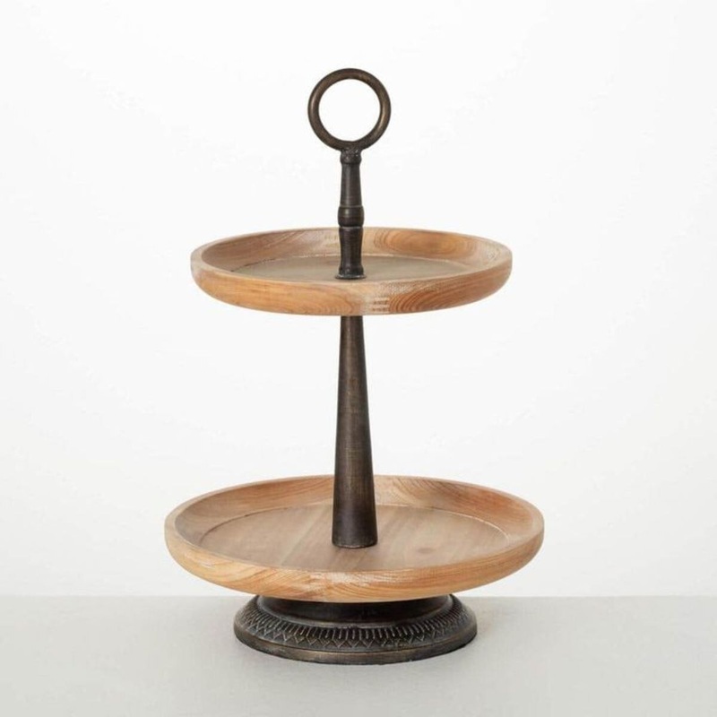 18.25" Wood And Metal Two-Tiered Tray