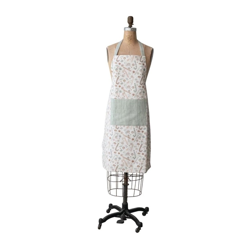 Cotton Printed Apron with Holiday Candy Pattern & Pocket