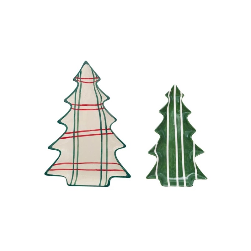 Hand-Painted Ceramic Tree Shaped Plates with Stripe Patterns (set of 2)