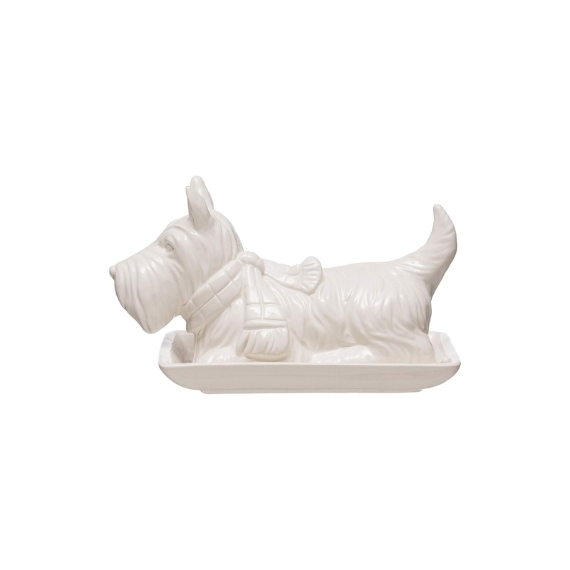 8-1/2"L x 5"W x 5"H Stoneware Scottie Dog Butter Dish, White