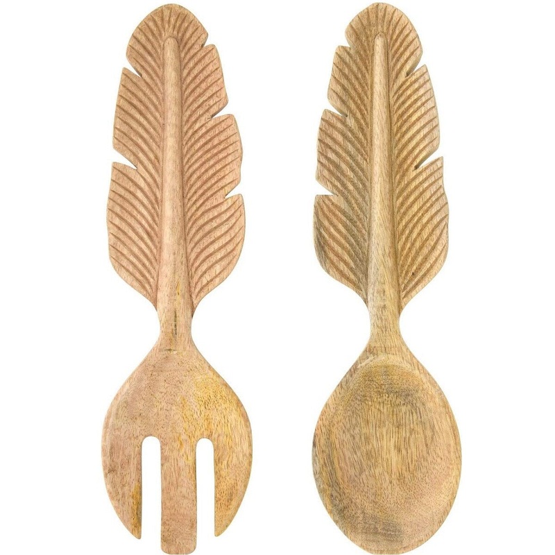 12" x 3" Hand-Carved Mango Wood Salad Feather-Shaped Handles Servers
