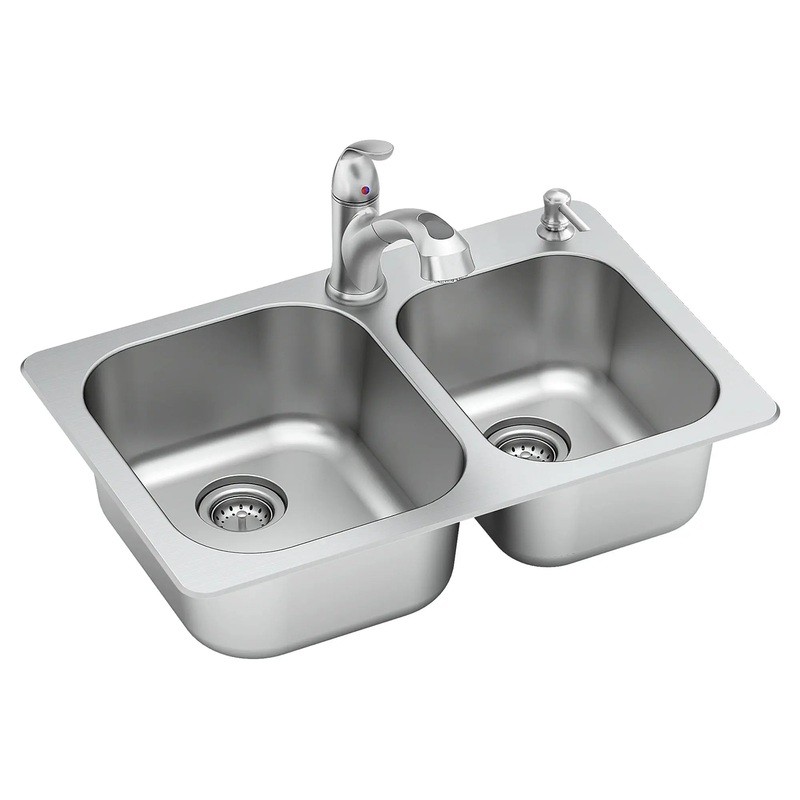 Sullivan 33-in x 22-Inch Stainless Steel Double-Bowl Drop-In Kitchen Sink with Faucet and Soap Dispenser