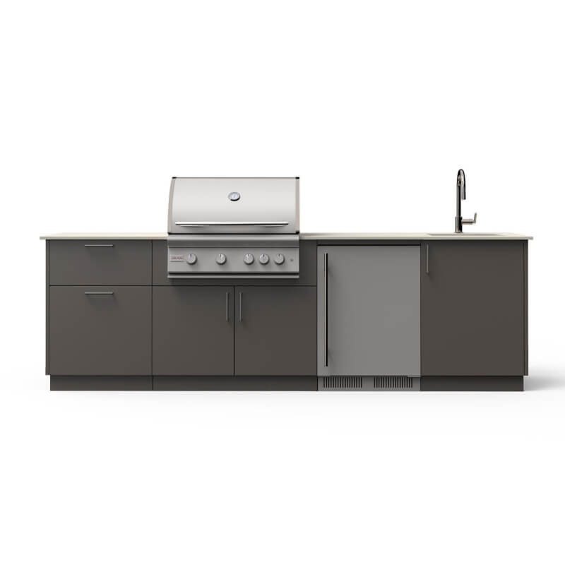 Blaze Golden Hour 10-Ft Outdoor Kitchen Island w/ 32-Inch Premium LTE+ Grill, Fridge, Sink in Gunmetal w/ Aeris Countertop