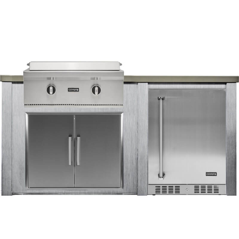 Haven 6 Ft. Outdoor Kitchen Island w/ Coyote 30-Inch Flat Top Grill, 31-Inch Double Door, & 24" Refrigerator - Harbor Gray