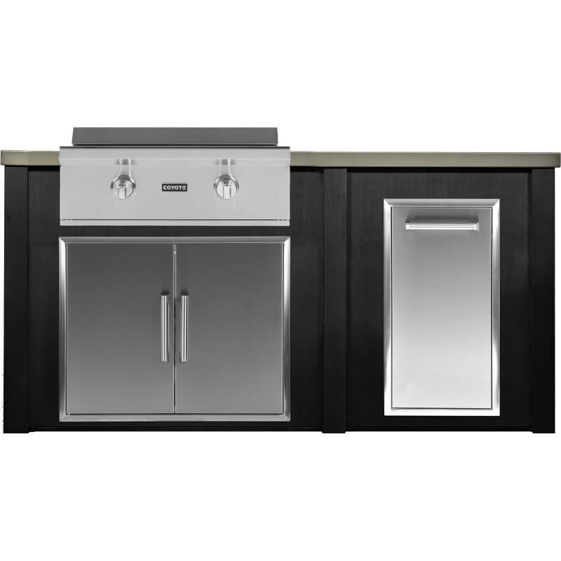 Haven 6 Ft. Outdoor Kitchen Island w/ Coyote 30-Inch Flat Top Grill, 31-Inch Double Door, & Trash Center - Brushed Black