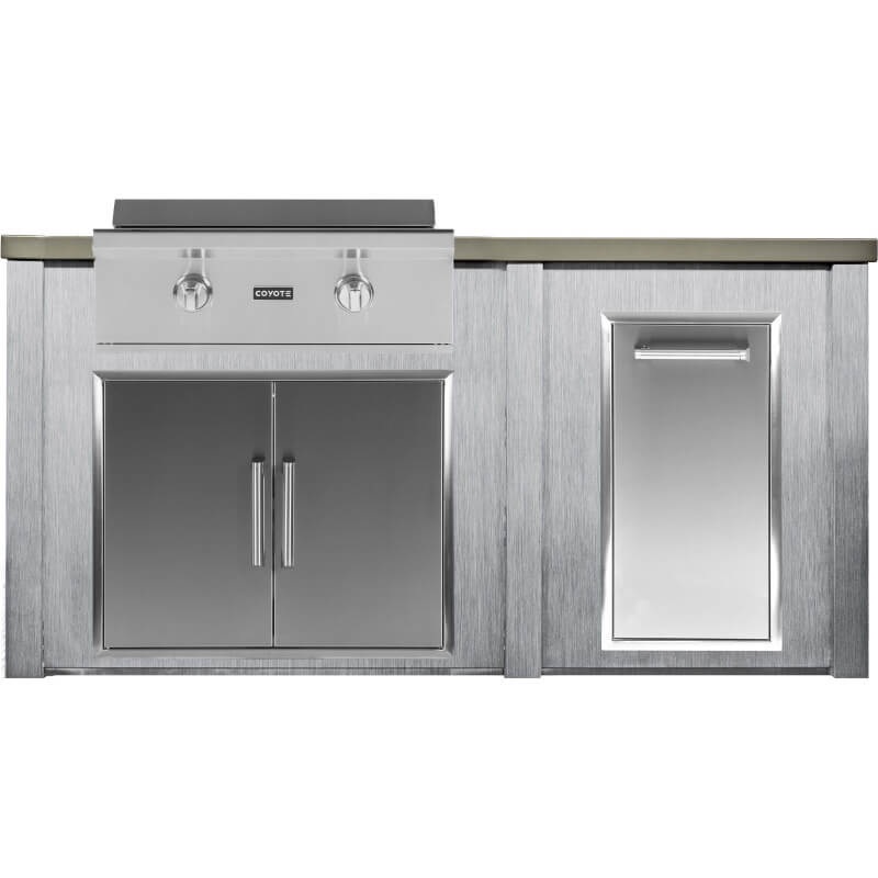 Haven 6 Ft. Outdoor Kitchen Island w/ Coyote 30-Inch Flat Top Grill, 31-Inch Double Door, & Trash Center - Harbor Gray