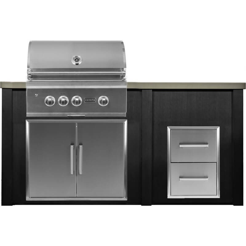 Haven 6 Ft. Outdoor Kitchen Island w/ Coyote 30-Inch Gas Grill, 31-Inch Double Door, & Double Drawer - Brushed Black