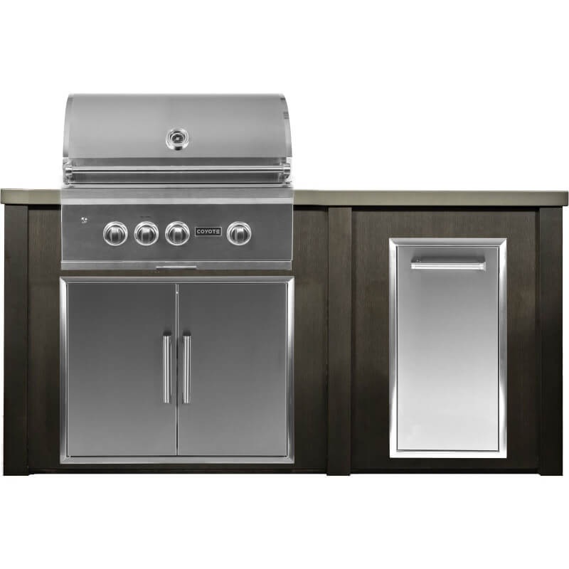 Haven 6 Ft. Outdoor Kitchen Island w/ Coyote 30-Inch Gas Grill, 31-Inch Double Door, & Trash Center - Antique Bronze