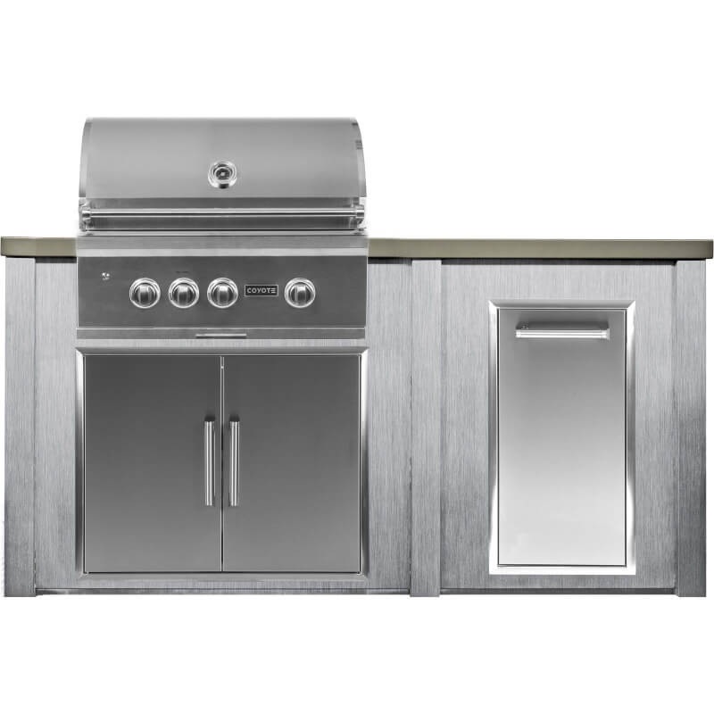 Haven 6 Ft. Outdoor Kitchen Island w/ Coyote 30-Inch Gas Grill, 31-Inch Double Door, & Trash Center - Harbor Gray