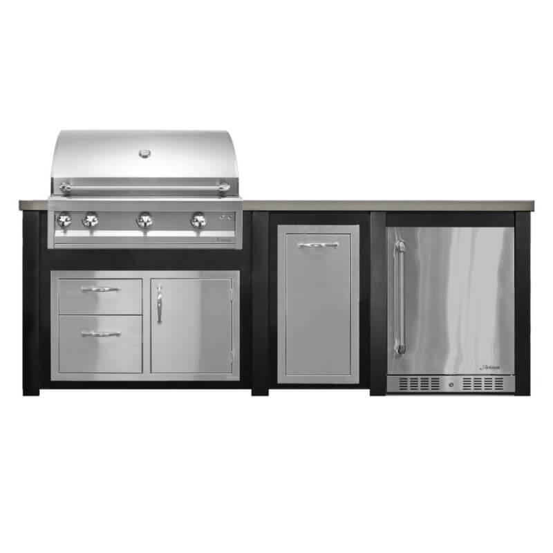 Haven 8 Ft. Outdoor Kitchen Island w/ Artisan 36-Inch Grill, Access Doors, Trash Center & 24-Inch Refrigerator - Brushed Black