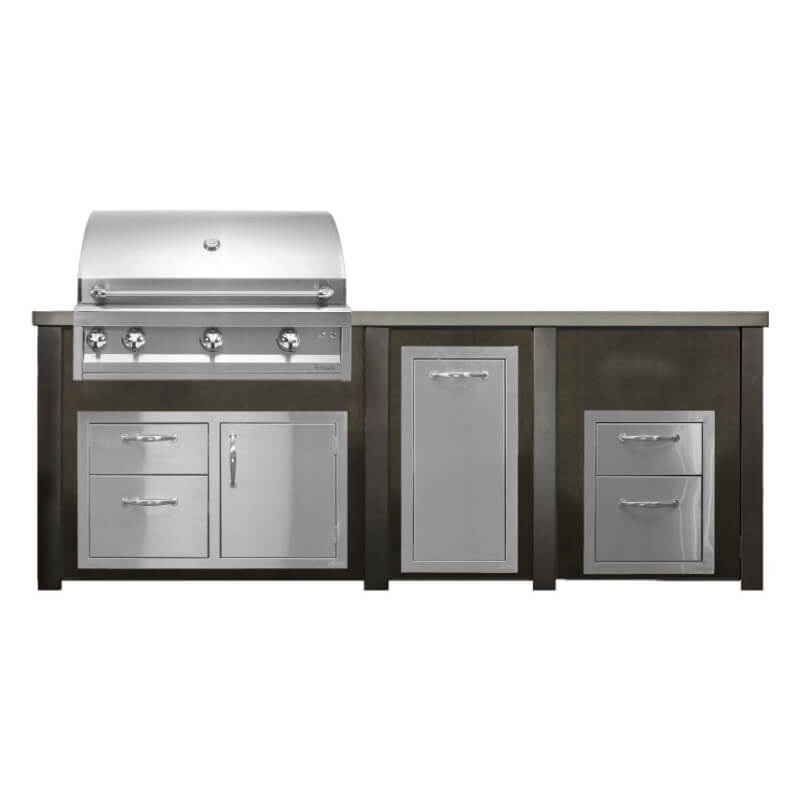 Haven 8 Ft. Outdoor Kitchen Island w/ Artisan 36-Inch Grill, Access Doors, Trash Center & Double Drawer - Antique Bronze