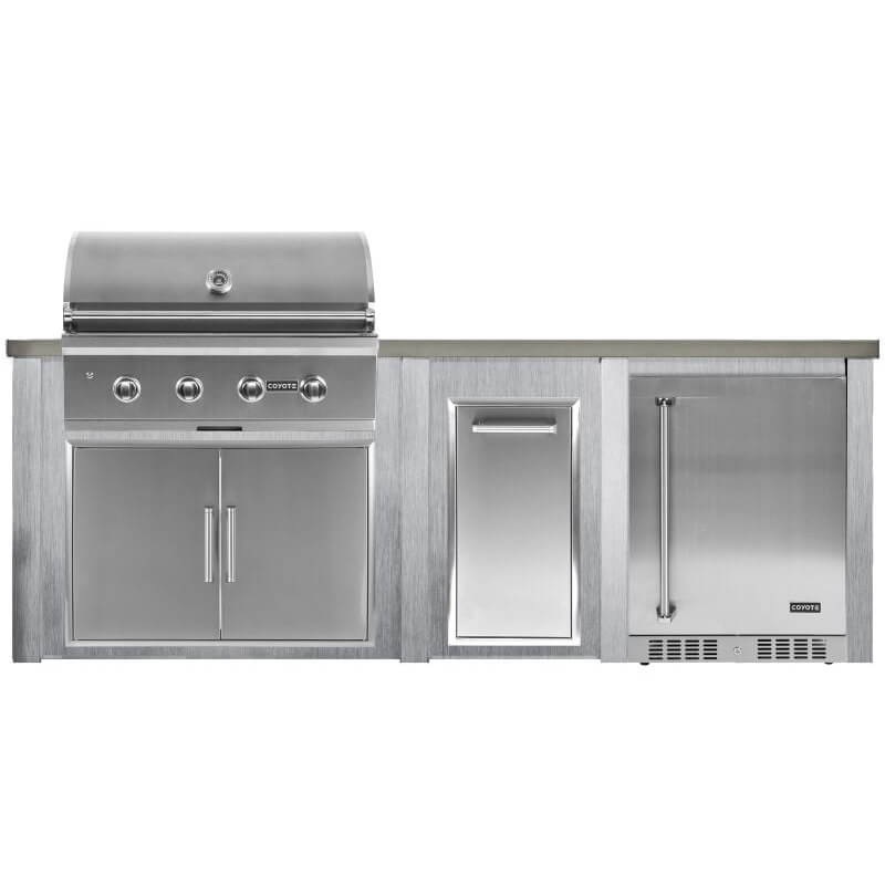 Haven 8 Ft. Outdoor Kitchen Island w/ Coyote 36-Inch Grill, 36-Inch Double Door, Trash Center & 24-Inch Refrigerator - Harbor Gray
