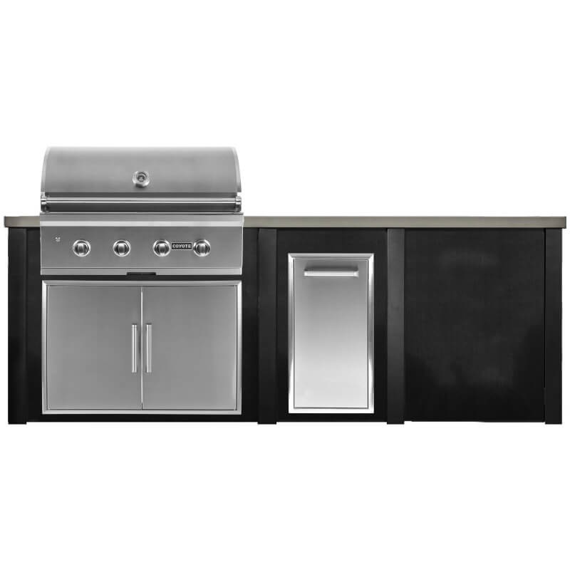 Haven 8 Ft. Outdoor Kitchen Island w/ Coyote 36-Inch Grill, 36-Inch Double Door, & Trash Center - Brushed Black