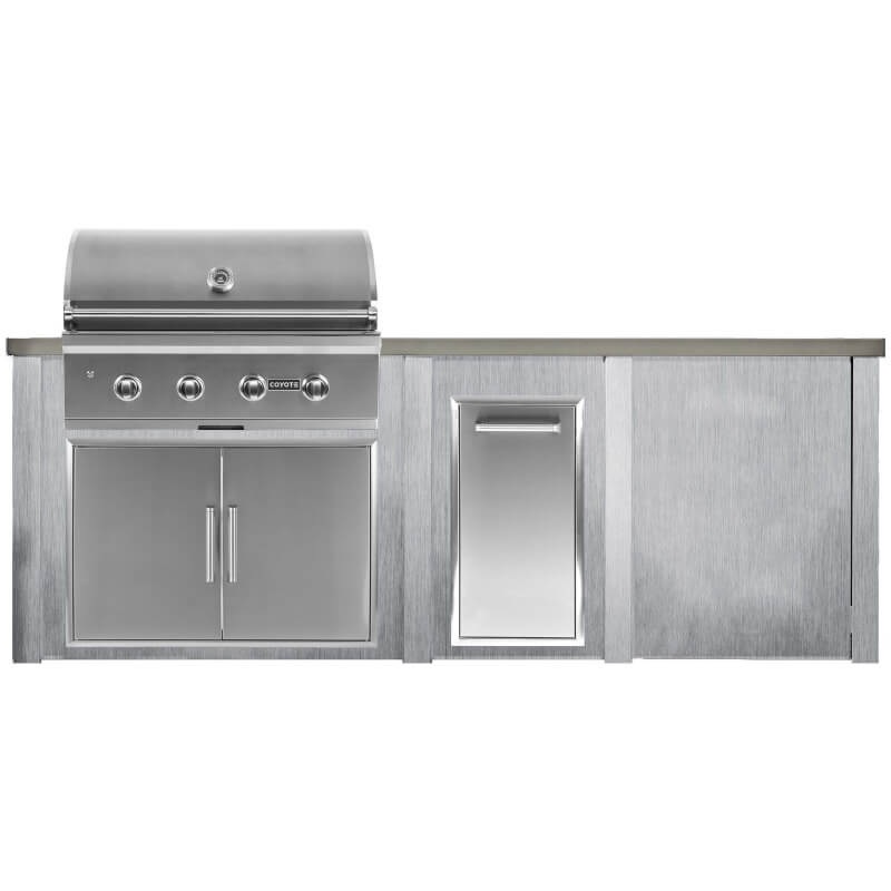 Haven 8 Ft. Outdoor Kitchen Island w/ Coyote 36-Inch Grill, 36-Inch Double Door, & Trash Center - Harbor Gray