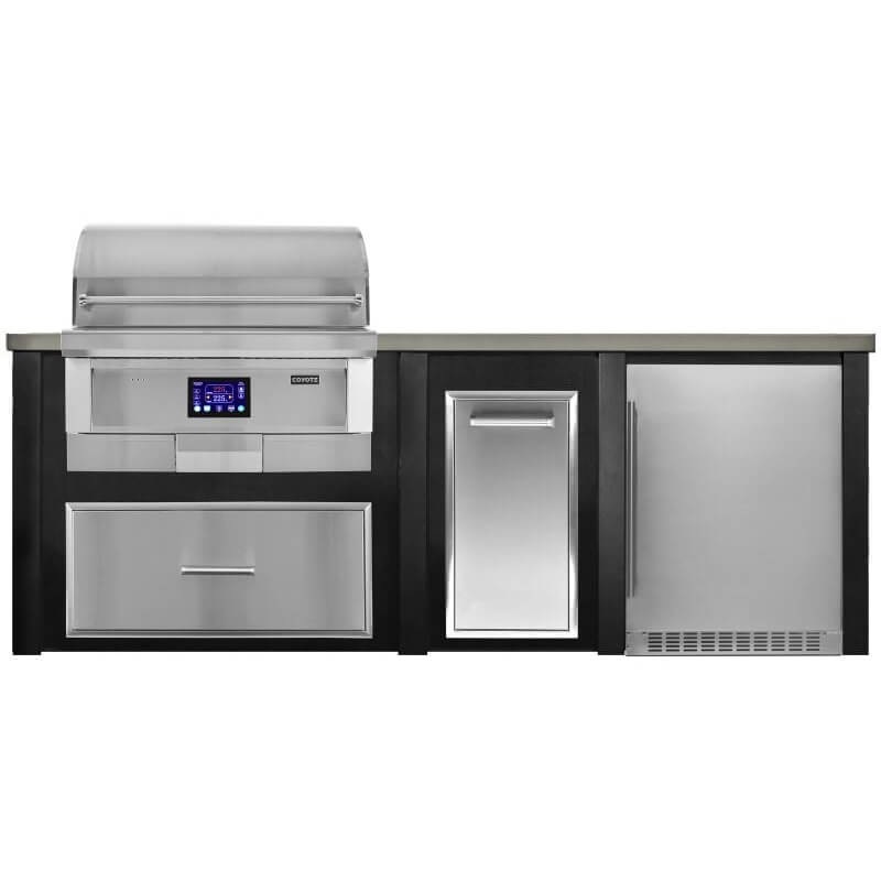 Haven 8 Ft. Outdoor Kitchen Island w/ Coyote 36-Inch Pellet Grill, Single Storage Drawer, Trash Center & 24-Inch Refrigerator - Brushed Black