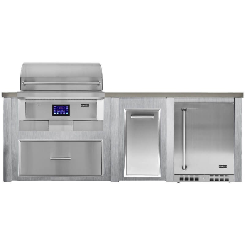 Haven 8 Ft. Outdoor Kitchen Island w/ Coyote 36-Inch Pellet Grill, Single Storage Drawer, Trash Center & 24-Inch Refrigerator - Harbor Gray