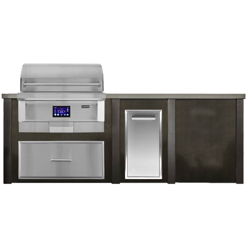 Haven 8 Ft. Outdoor Kitchen Island w/ Coyote 36-Inch Pellet Grill, Single Storage Drawer, & Trash Center - Antique Bronze