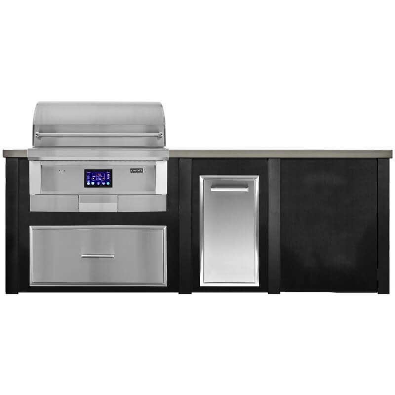 Haven 8 Ft. Outdoor Kitchen Island w/ Coyote 36-Inch Pellet Grill, Single Storage Drawer, & Trash Center - Brushed Black