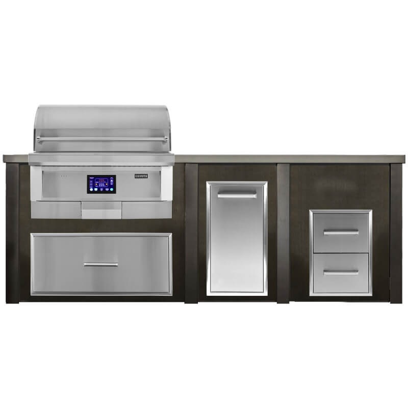 Haven 8 Ft. Outdoor Kitchen Island w/ Coyote 36-Inch Pellet Grill, Single Storage Drawer, Trash Center & Double Drawer - Antique Bronze