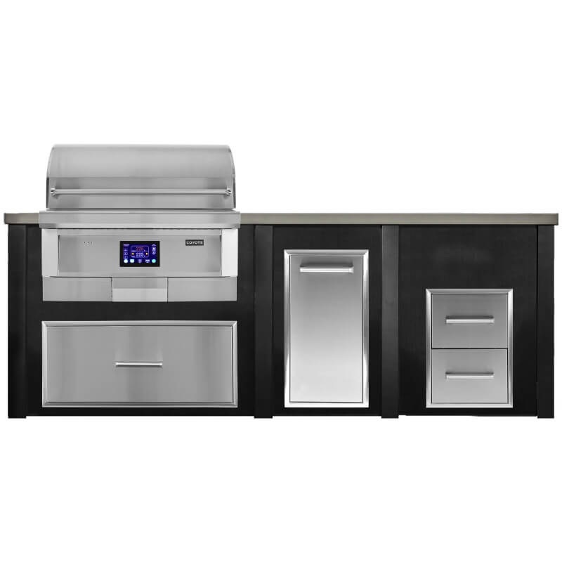Haven 8 Ft. Outdoor Kitchen Island w/ Coyote 36-Inch Pellet Grill, Single Storage Drawer, Trash Center & Double Drawer - Brushed Black