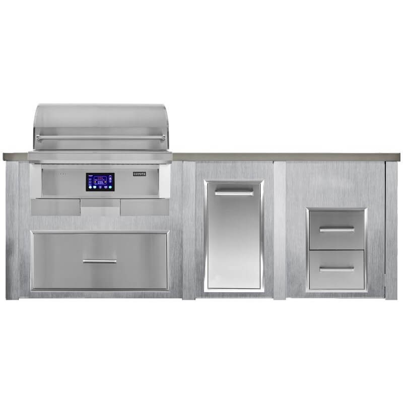 Haven 8 Ft. Outdoor Kitchen Island w/ Coyote 36-Inch Pellet Grill, Single Storage Drawer, Trash Center & Double Drawer - Harbor Gray