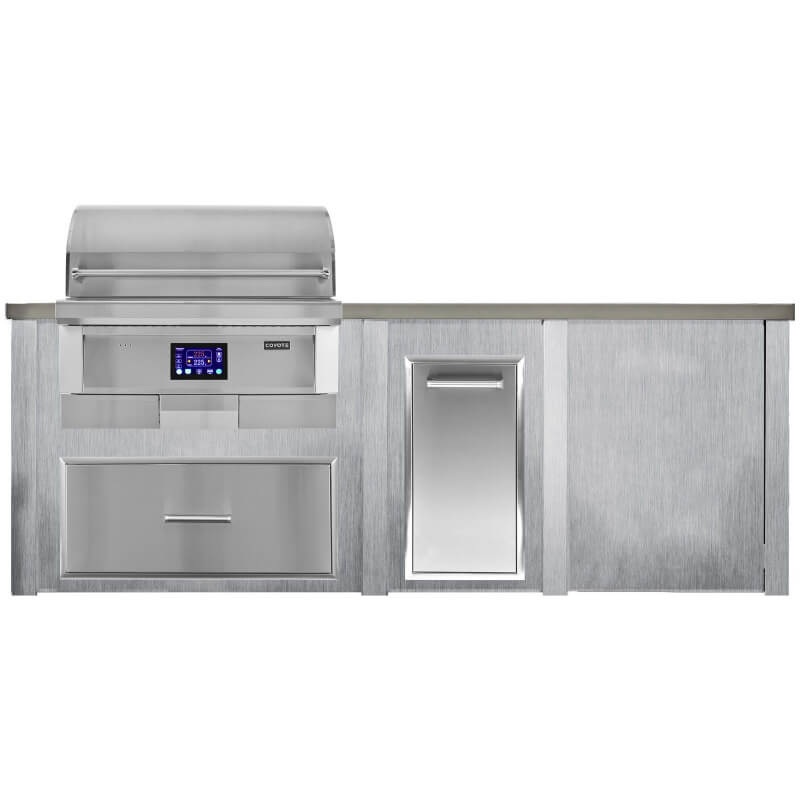 Haven 8 Ft. Outdoor Kitchen Island w/ Coyote 36-Inch Pellet Grill, Single Storage Drawer, & Trash Center - Harbor Gray