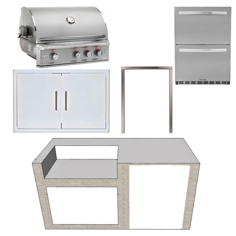 EZ Finish Systems 6 Ft Ready-To-Finish Grill Island w/ Blaze Professional LUX 34-Inch Grill, Double Door, & 2-Drawer Refrigerator