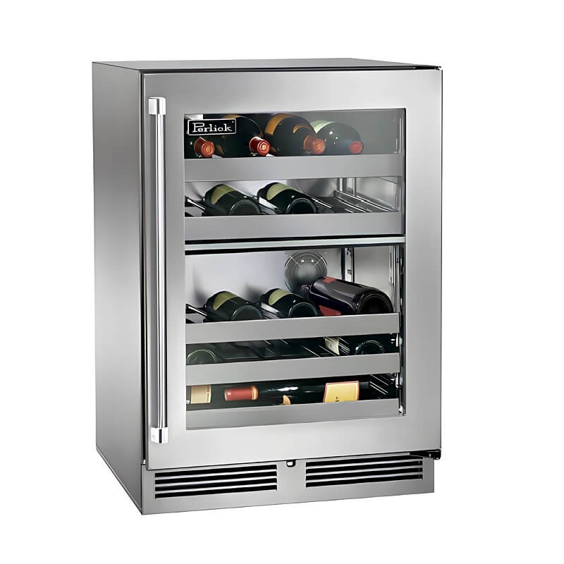 Perlick 24-Inch Signature Series Stainless Steel Glass Door Outdoor Dual Zone Wine Reserve w/ Lock - HP24DO-4-3