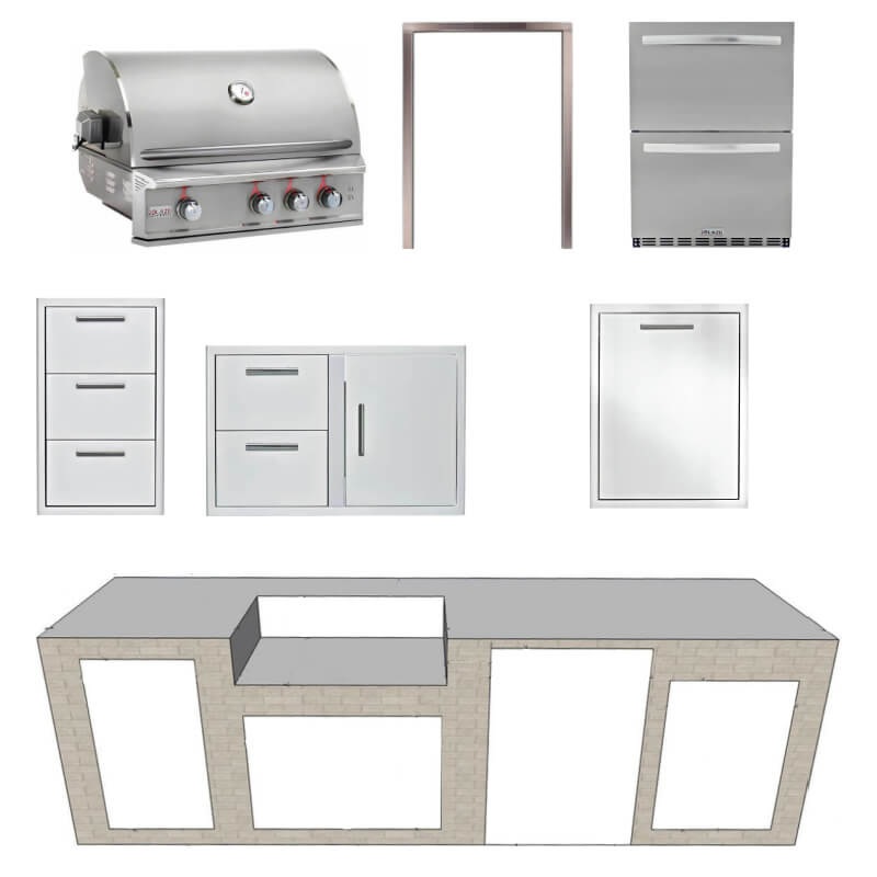 EZ Finish Systems 10 Ft Ready-To-Finish Grill Island with Blaze Professional LUX 34-Inch Grill, 2-Drawer Refrigerator, Combo, Trash Drawer, and Triple Drawer