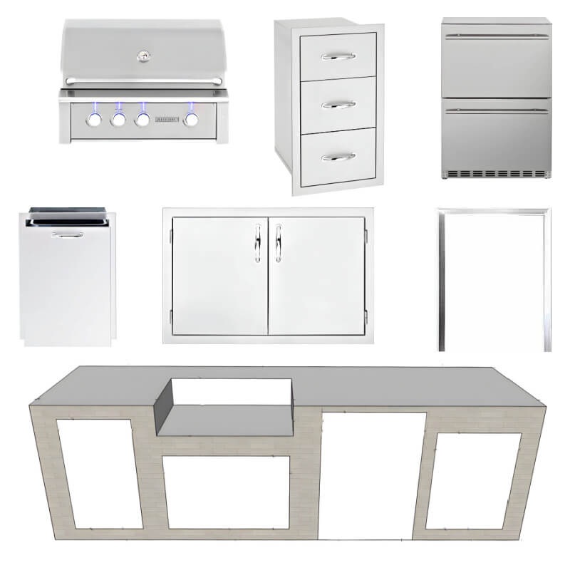 EZ Finish Systems 10 Ft Ready-To-Finish Grill Island with Summerset Alturi 36-Inch Grill, 2-Drawer Refrigerator, Double Door, and Triple Drawer