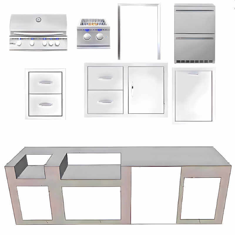 EZ Finish Systems 10 Ft Ready-To-Finish Grill Island with Summerset Sizzler Pro 32-Inch Grill, Double Burner, 2-Drawer Refrigerator, and Double Drawer