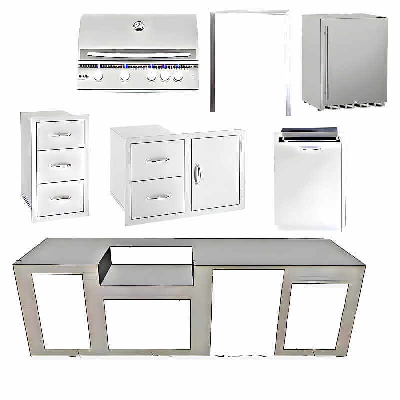 EZ Finish Systems 10 Ft Ready-To-Finish Grill Island with Summerset Sizzler Pro 32-Inch Grill, Refrigerator, Combo, & Triple Drawer