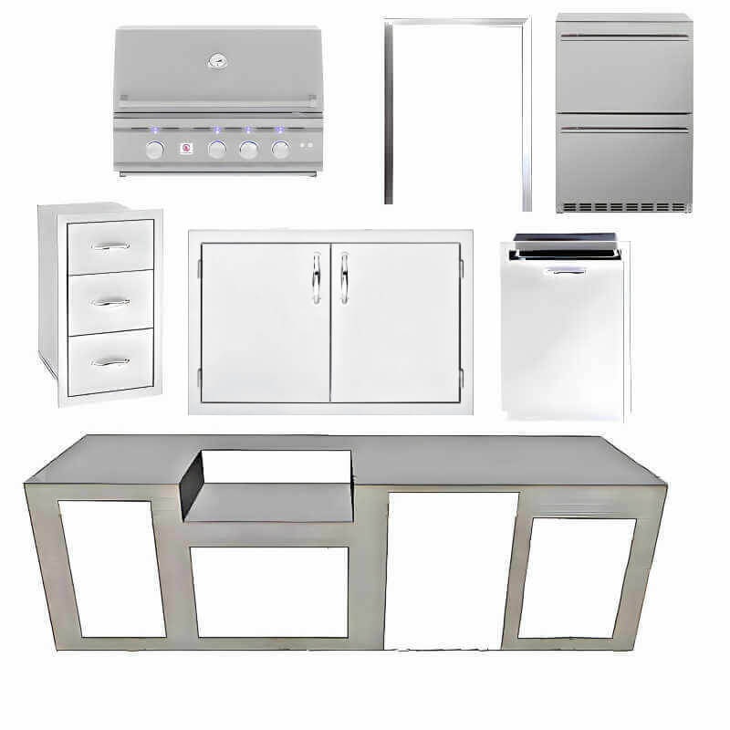 EZ Finish Systems 10 Ft Ready-To-Finish Grill Island with Summerset TRL 32-Inch Grill, 2-Drawer Refrigerator, Double Door, and Triple Drawer