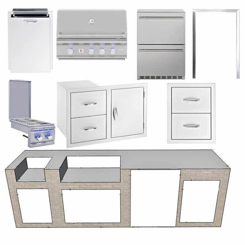 EZ Finish Systems 10 Ft Ready-To-Finish Grill Island with Summerset TRL 32-Inch Grill, Double Burner, 2-Drawer Refrigerator, and Double Drawer