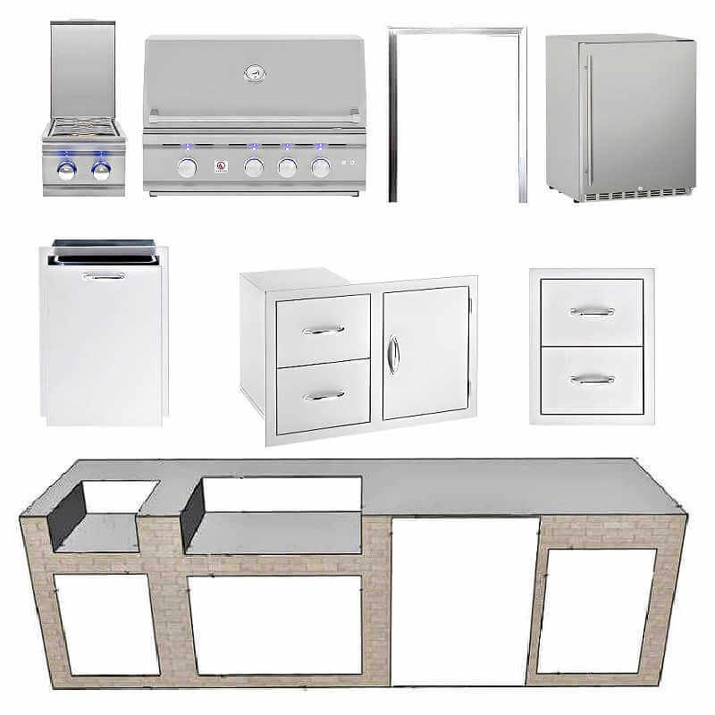 EZ Finish Systems 10 Ft Ready-To-Finish Grill Island with Summerset TRL 32-Inch Grill, Double Burner, Refrigerator, and Double Drawer