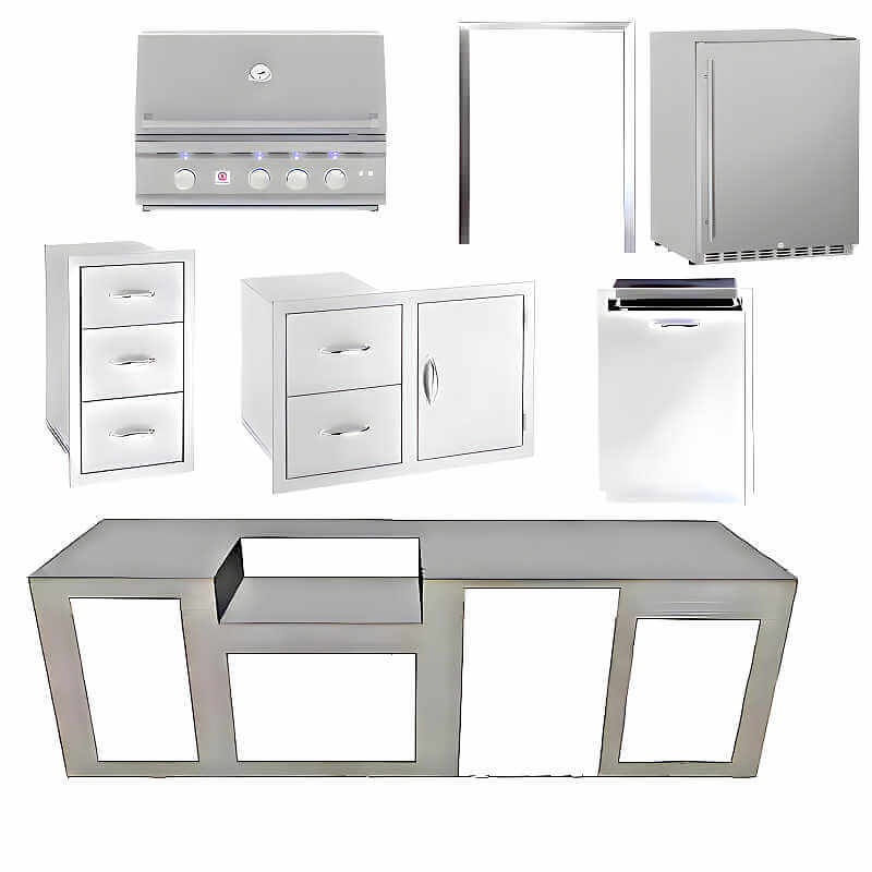 EZ Finish Systems 10 Ft Ready-To-Finish Grill Island with Summerset TRL 32-Inch Grill, Refrigerator, Combo, & Triple Drawer