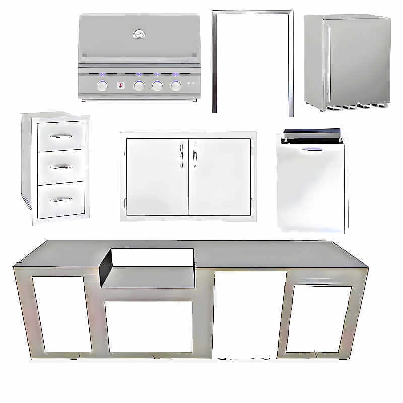 EZ Finish Systems 10 Ft Ready-To-Finish Grill Island with Summerset TRL 32-Inch Grill, Refrigerator, Double Door, & Triple Drawer