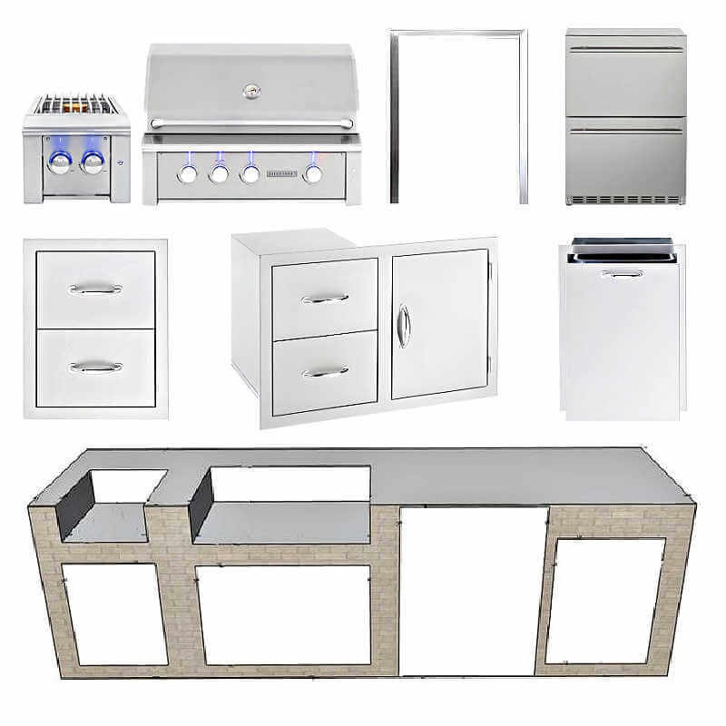 EZ Finish Systems 10 Ft Ready-To-Finish Outdoor Grill Island w/ Summerset Alturi 36-Inch Grill, Double Burner, Combo, & 2-Drawer Refrigerator