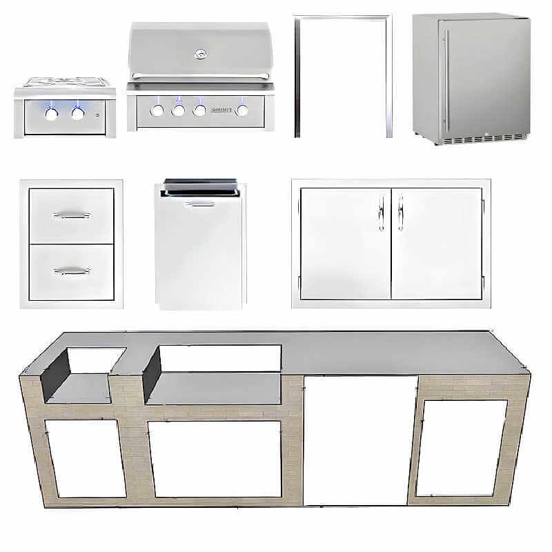 EZ Finish Systems 10 Ft Ready-To-Finish Outdoor Grill Island w/ Summerset Alturi 36-Inch Grill, Power Burner, Double Door, & Refrigerator