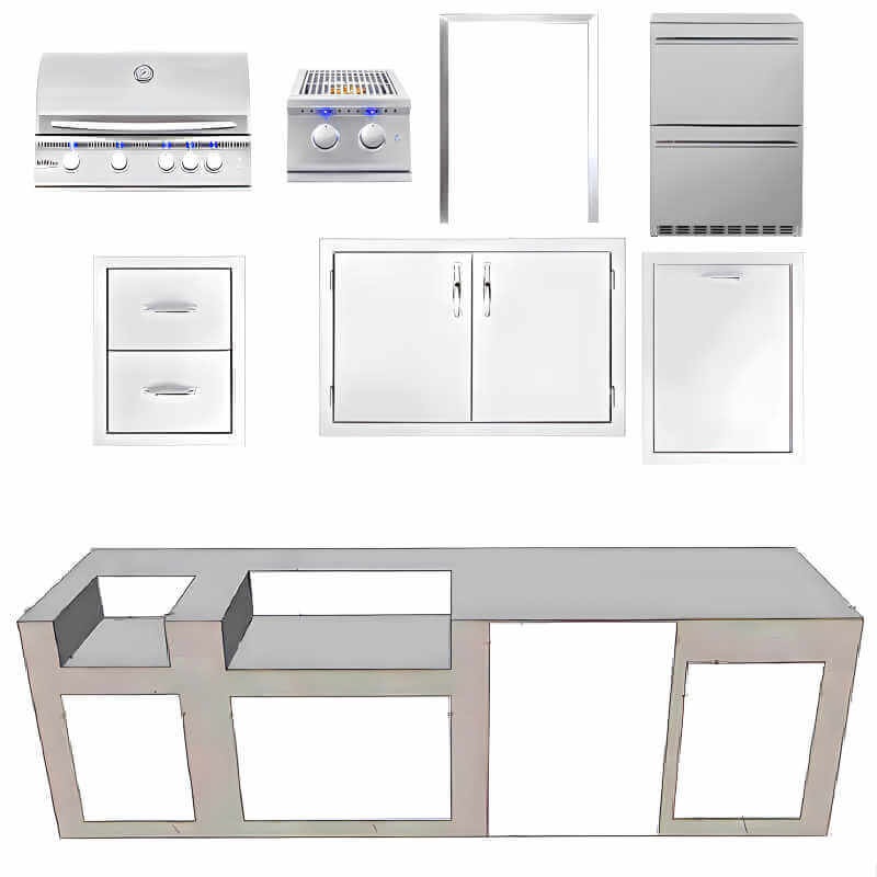 EZ Finish Systems 10 Ft Ready-To-Finish Outdoor Grill Island w/ Summerset Sizzler Pro 32-Inch Grill, Double Burner, & Double Drawer Refrigerator