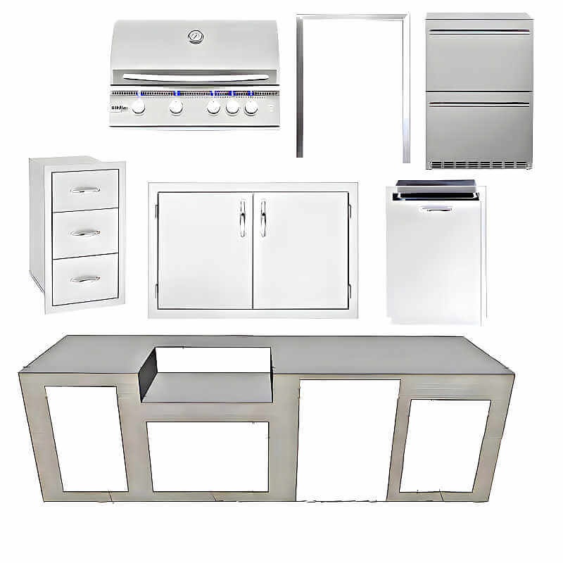 EZ Finish Systems 10 Ft Ready-To-Finish Outdoor Grill Island w/ Summerset Sizzler Pro 32-Inch Grill, Double Door, 2-Drawer Refrigerator, and Triple Drawer