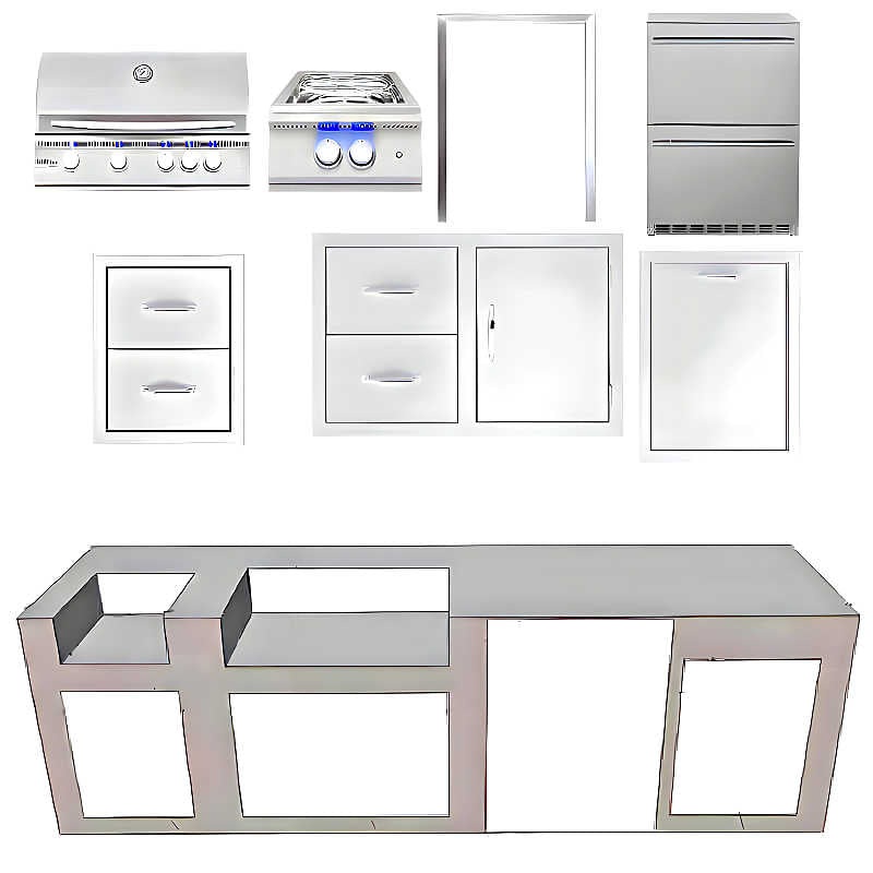 EZ Finish Systems 10 Ft Ready-To-Finish Outdoor Grill Island w/ Summerset Sizzler Pro 32-Inch Grill, Power Burner, & 2-Drawer Refrigerator