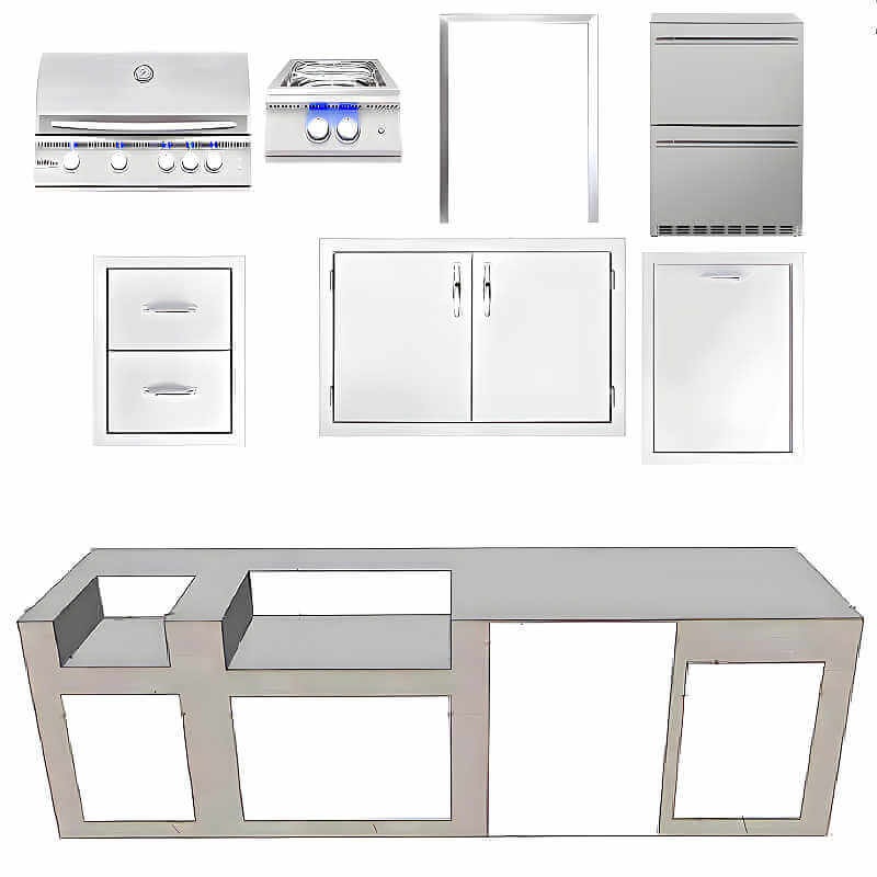 EZ Finish Systems 10 Ft Ready-To-Finish Outdoor Grill Island w/ Summerset Sizzler Pro 32-Inch Grill, Power Burner, & Double Drawer Refrigerator