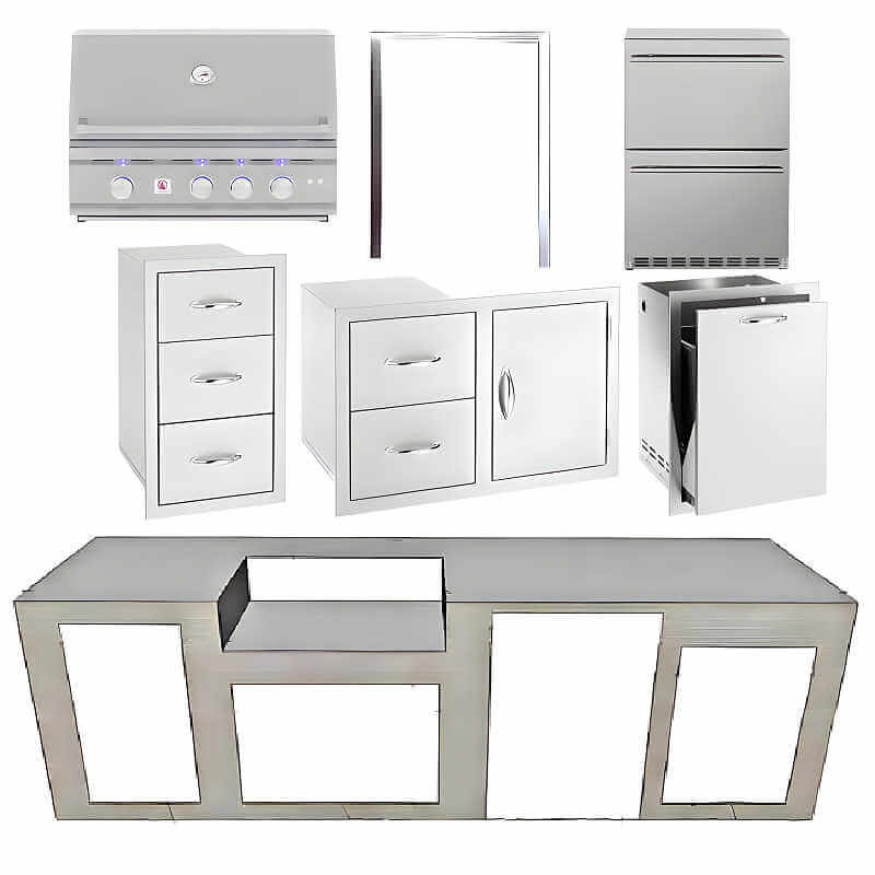 EZ Finish Systems 10 Ft Ready-To-Finish Outdoor Grill Island w/ Summerset TRL 32-Inch Grill, Combo, 2-Drawer Refrigerator, and Triple Drawer